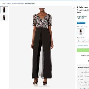 NWT Adrianna Papell Women's Floral Embellished Jumpsuit with Sheer Skirt